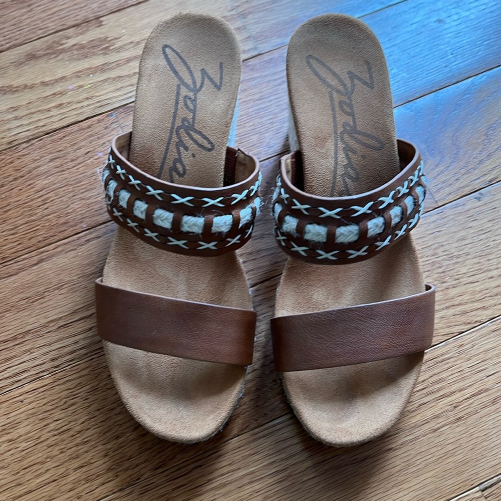 Zodiac sandals, wedges with faux leather straps, suede insoles, size 9 EUC